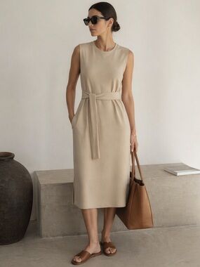 SPANX Air Essentials Sleeveless Tie-Waist Scuba Knit Tank Dress Tahini | L | NWT